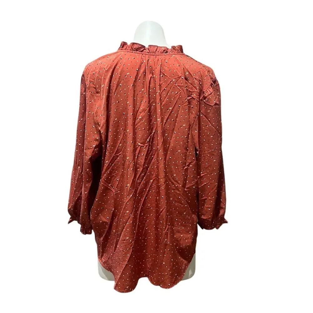 Ava Rose Women's Plus 2X Rust Polka Dot Ruffle Blouse Long Sleeve - Picture 6 of 8